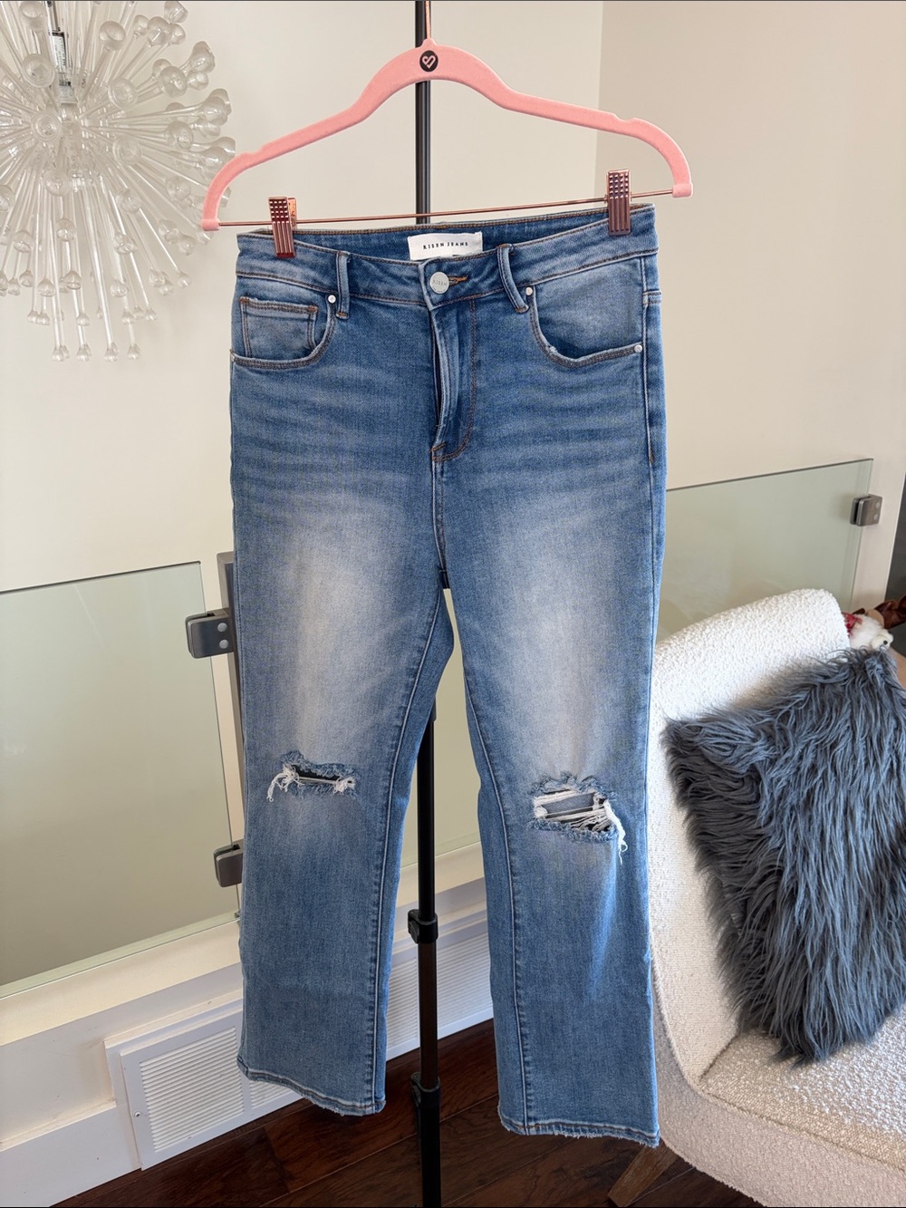 High Rise Ankle Straight Leg Distressed Jeans in Blue 7/28